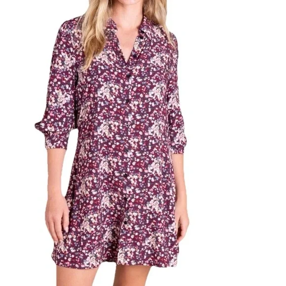 NWT Natural Life Women’s Floral Boho 3/4 Sleeve Collared Shirt Dress Burgundy L - Picture 3 of 14